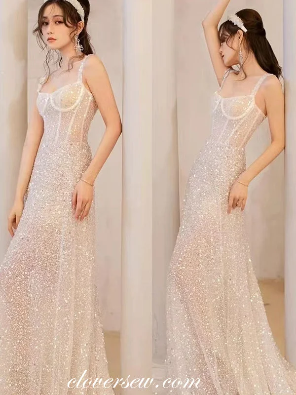 Sale of the Year Ivory Shiny Sequined Tulle Illusion Sleeveless A-line Prom Dresses, CP1093
