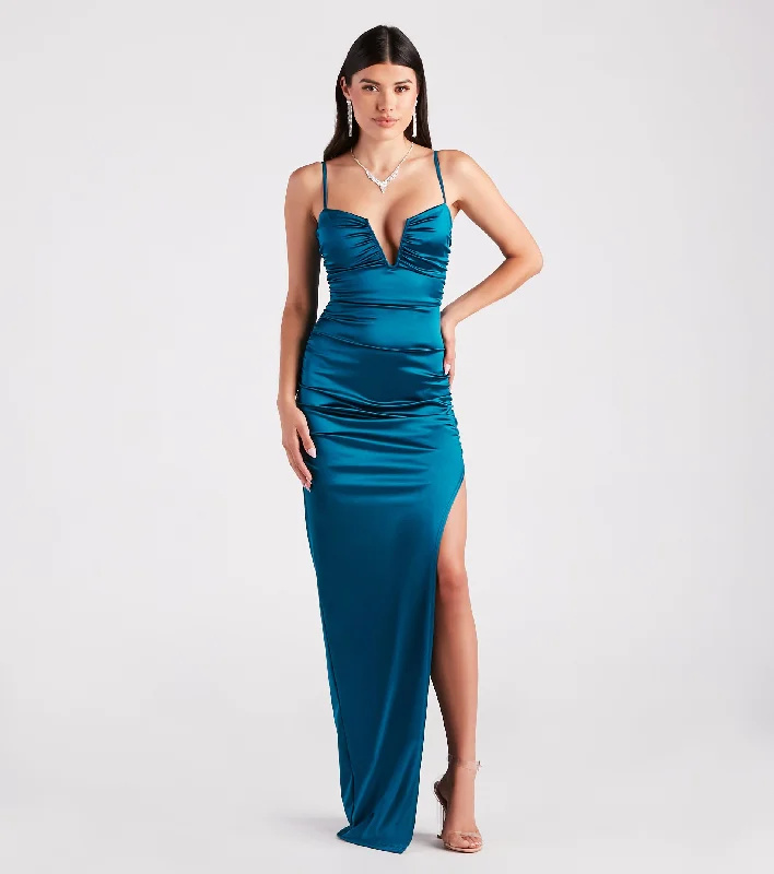 Exclusive Online Offers Jessa Formal Satin V-Neck Slit Dress