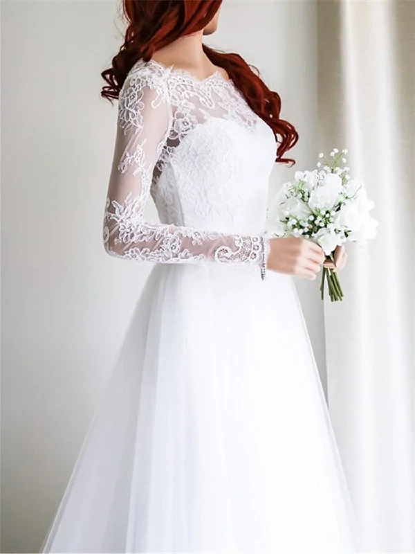 Weekend Hot Savings Lace Wedding Dresses Bateau Sweep Train Sexy Open Back White Bridal Gown JKW189