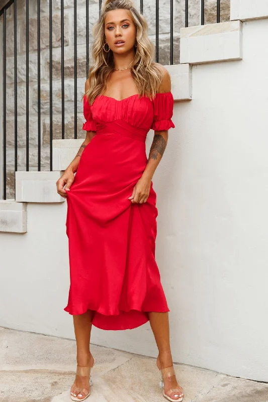 Hot Sale Items Linka Off-Shoulder Tie Back Midi Dress Red