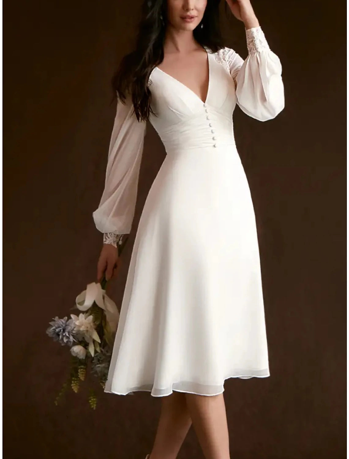 Big Discount Event Little White Dresses Wedding Dresses A-Line V Neck Long Sleeve Knee Length Chiffon Bridal Gowns With Pleats Ruched