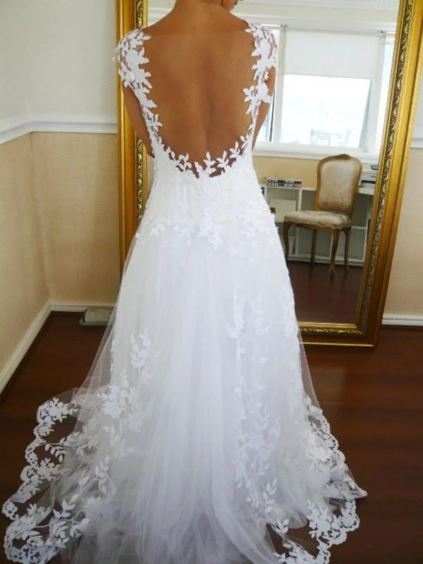 Long Ball Gown Backless Lace Wedding Dresses, White Prom Dress, Formal Dresses, Backless Lace Bridal Dress