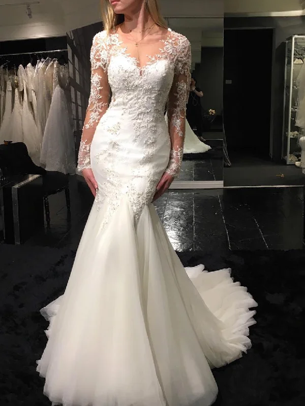 Weekend Only Deals Long Sleeve Wedding Dresses V-neck Long Train Mermaid Lace Beading Bridal Gown JKW242