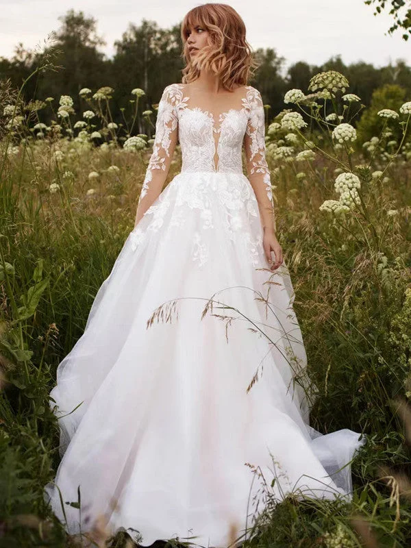 Weekend Bargain Bonanza Long Sleeves A-line Wedding Dresses, Elegant Lace Bridal Gowns, Popular 2022 Wedding Dresses