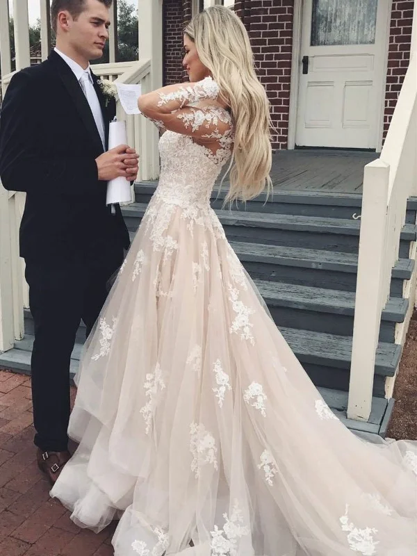 Clearance Event Long Sleeves Champagne Lace Wedding Dresses, Champagne Lace Prom Dresses, Evening Dresses