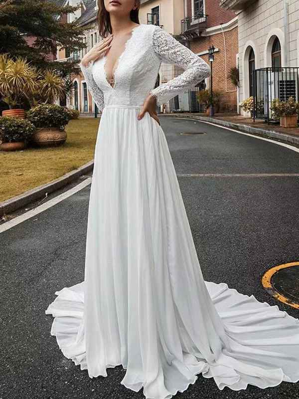 Weekend Price Drop Event Long Sleeves Lace Wedding Dresses, V-neck Chiffon Bridal Gowns, 2022 Elegant Wedding Dresses