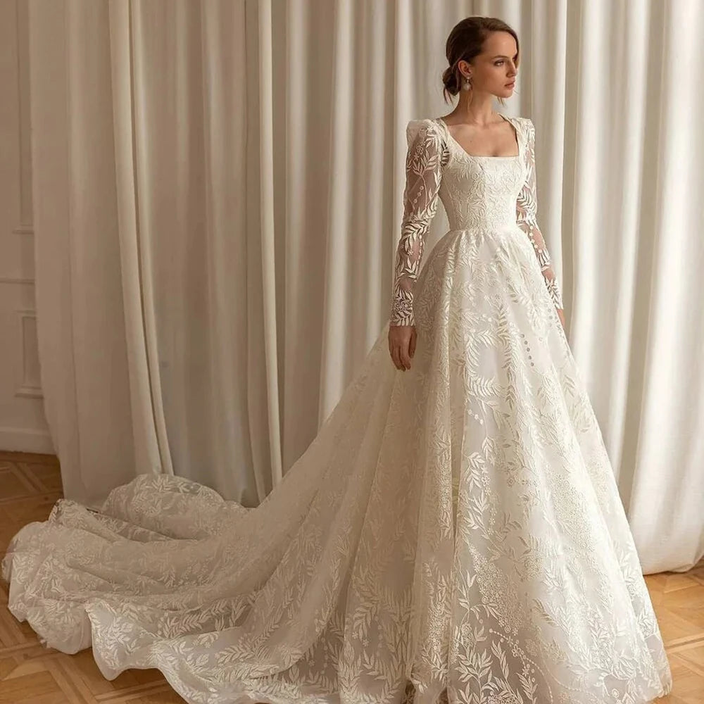 Weekend Flash Offers Luxury Lace Square Neck Detachable Sleeves Wedding Dress