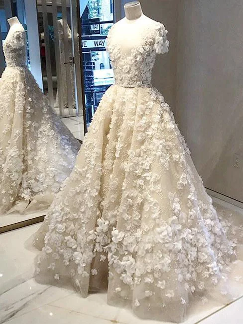 Weekend Bonanza Luxury Wedding Dresses Ball Gown Scoop Sweep Train Lace Ivory Big Bridal Gown JKW171