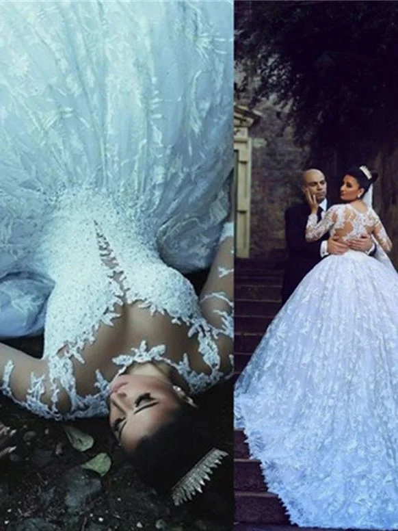 Best Deal of the Day Luxury Wedding Dresses Ball Gown Scoop Sweep Train White Lace Big Bridal Gown JKW163