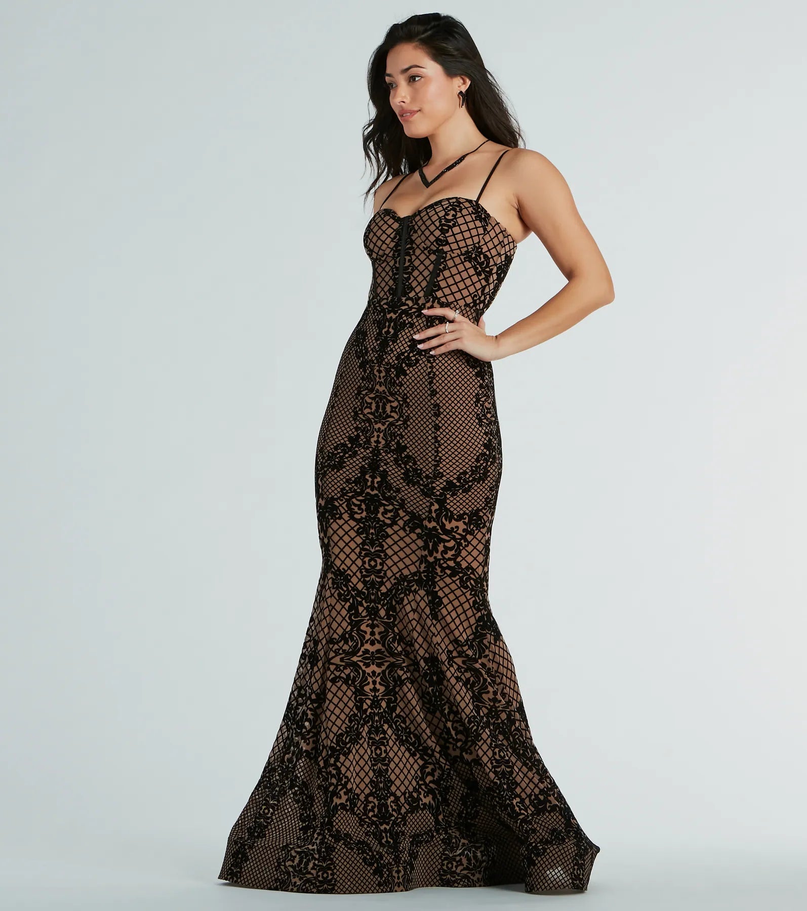 Weekend Hot Savings Malie Bustier Mermaid Flocked Velvet Formal Dress