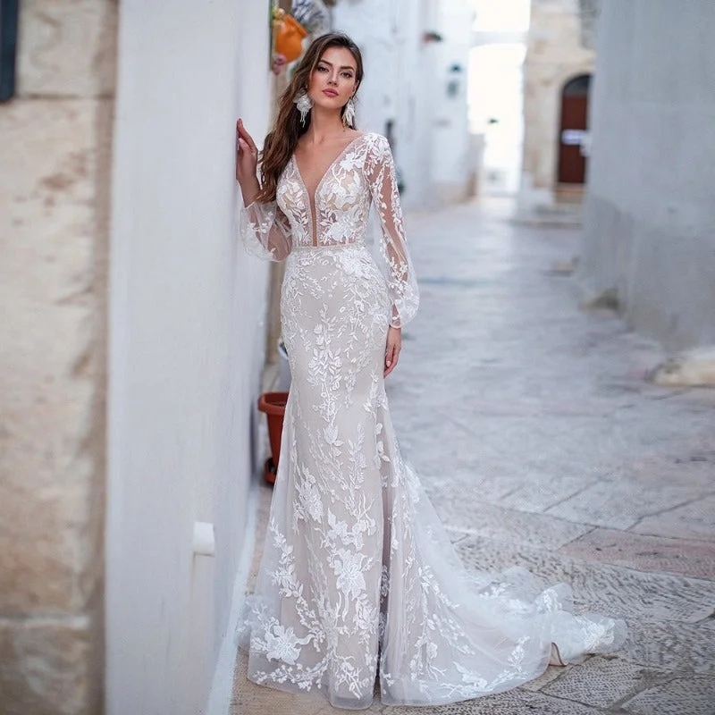 Hot Sale Items Enchanting Lace Long Sleeve Mermaid Wedding Dress WD1102