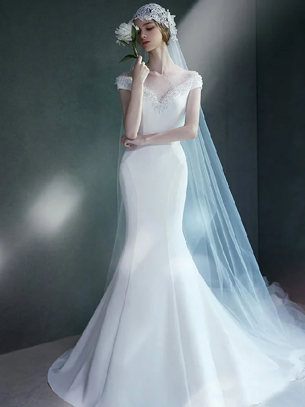 Price Cut Alert Mermaid Wedding Dresses Bateau Sweep Train White Beading Long Sexy Bridal Gown JKW161