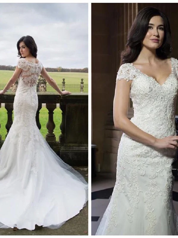 Weekend Specials Galore Mermaid Wedding Dresses Romantic V-neck Long Train Appliques Sexy Bridal Gown JKW226