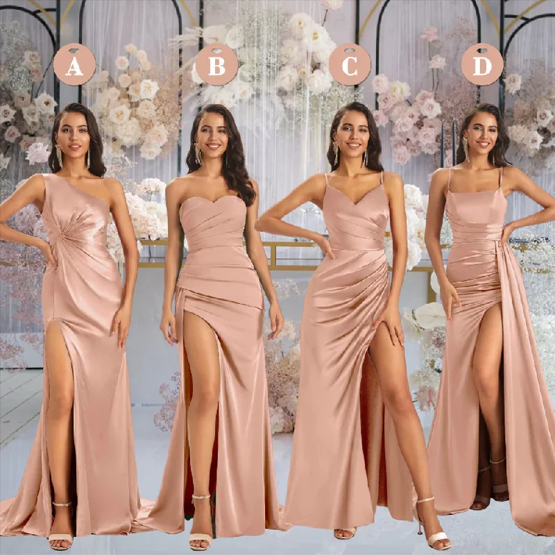 Weekend Steals Await Mismatched Rose Gold Sexy Mermaid Side Slit Soft Satin Long Bridesmaid Dresses