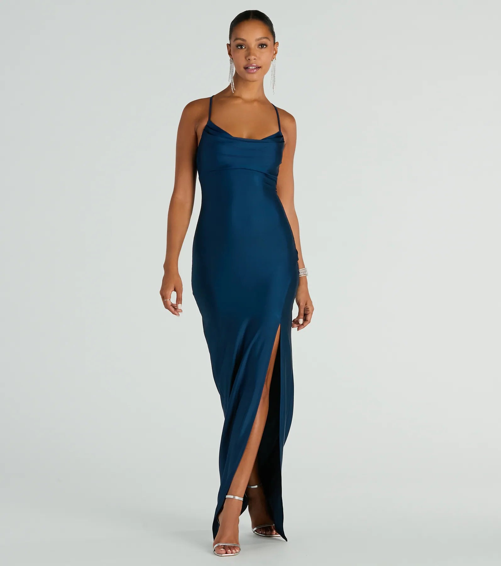 Weekend Price Drop Frenzy Natalie Cowl Neck Lace Up Slit Formal Dress