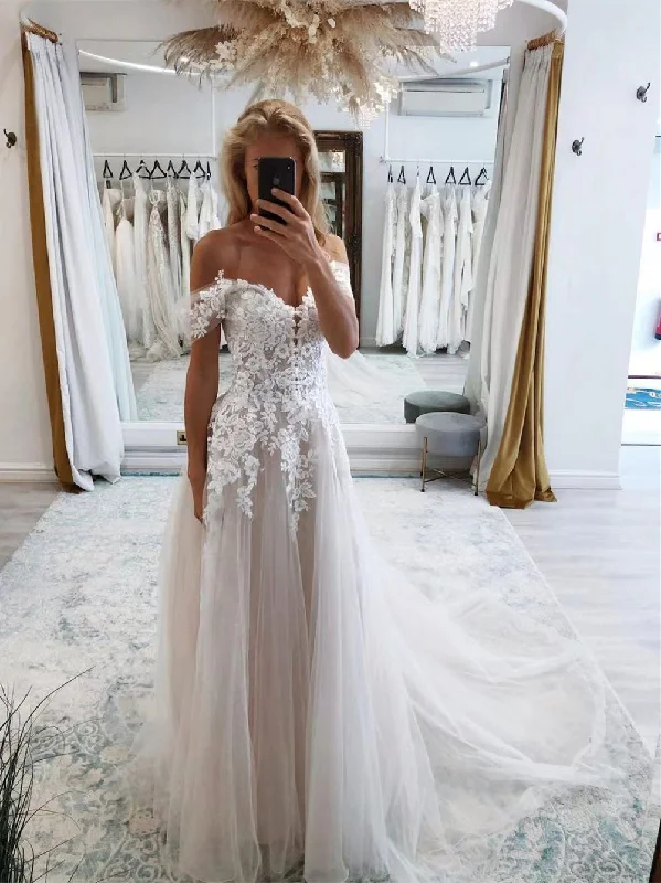 Weekend Discount Blast Off Shoulder A-line Lace Tulle Wedding Dresses, Affordable Popular Wedding Dresses, Bridal Gown, 2022 Wedding Dresses