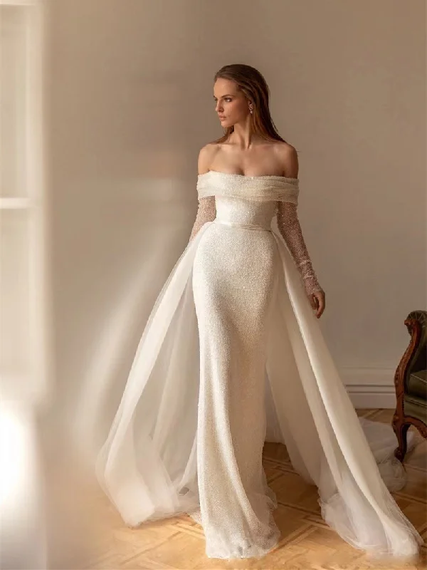 Weekend Shopping Spree Off Shoulder Beaded Sequin Bridal Gown, 2 Pieces Wedding Dresses, Popular 2022 Wedding Dresses, Newest Bridal Gown