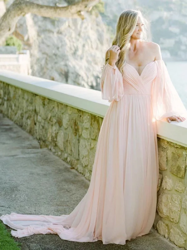 Hot Sale Items Off Shoulder Blush Pink Chiffon Long Wedding Dresses, Simple Wedding Dresses, A-line Wedding Dresses, 2022 Wedding Dresses