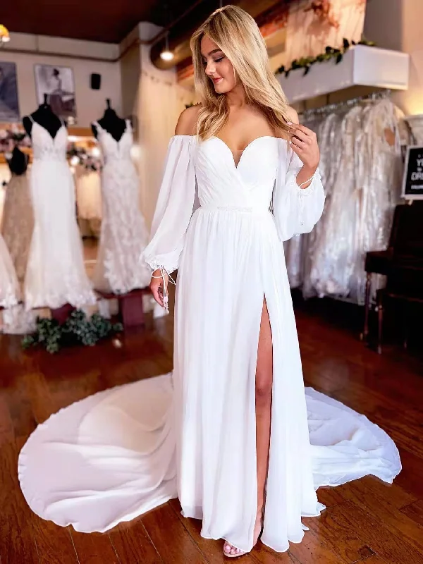Final Sale Event Off Shoulder Ivory Chiffon Simple Wedding Dresses, Long Prom Dresses, Boho Wedding Dresses, 2022 Prom Dresses