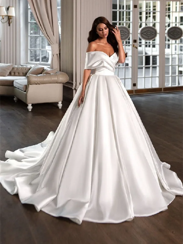 Weekend Limited-Time Offers Off Shoulder Ivory Satin Wedding Dresses, A-line Wedding Dresses, Elegant Wedding Dresses With Long Train, Bridal Gown
