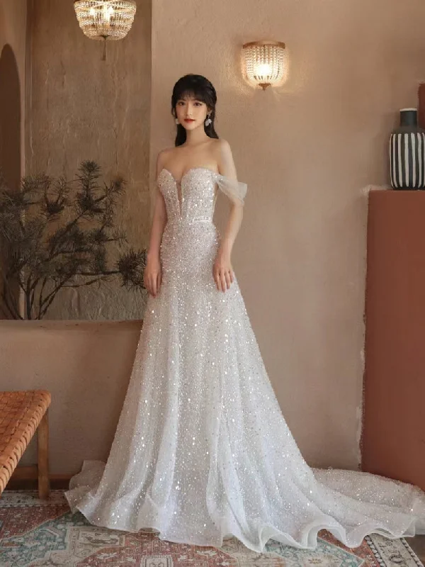 Big Bargain Bonanza Off Shoulder Ivory Sequin Tulle Wedding Dresses, A-line Wedding Dresses, Shiny Wedding Dresses, High Quality Long Wedding Dresses Big Bargain Bonanza Off Shoulder Ivory Sequin Tulle Wedding Dresses, A-line Wedding Dresses, Shiny Wedding Dresses, High Quality Long Wedding Dresses