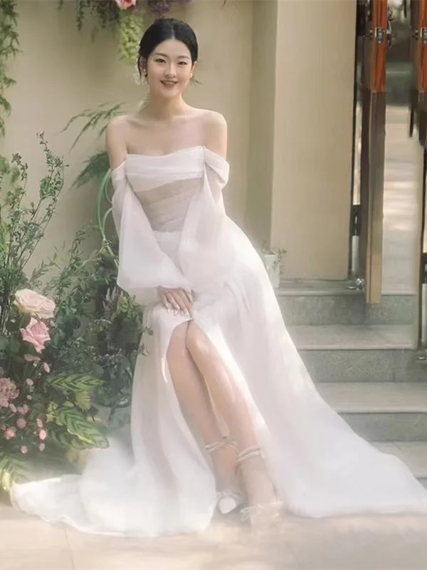 Price Slash Event Off Shoulder Long A-line Organza Wedding Dresses, Boho Wedding Dresses, Affordable Wedding Dresses
