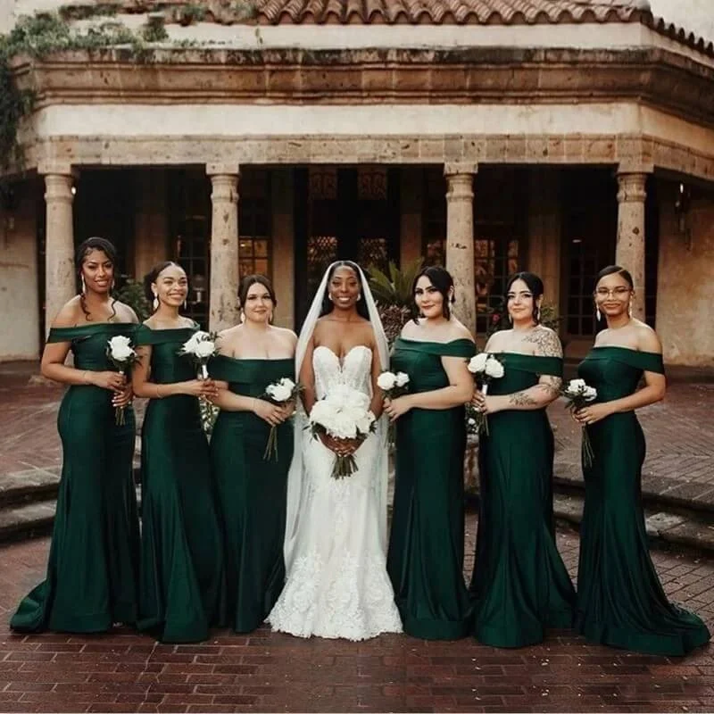 Weekend Hot Prices Off Shoulder Long Dark Green Bridesmaid Dresses Wedding Party Dress