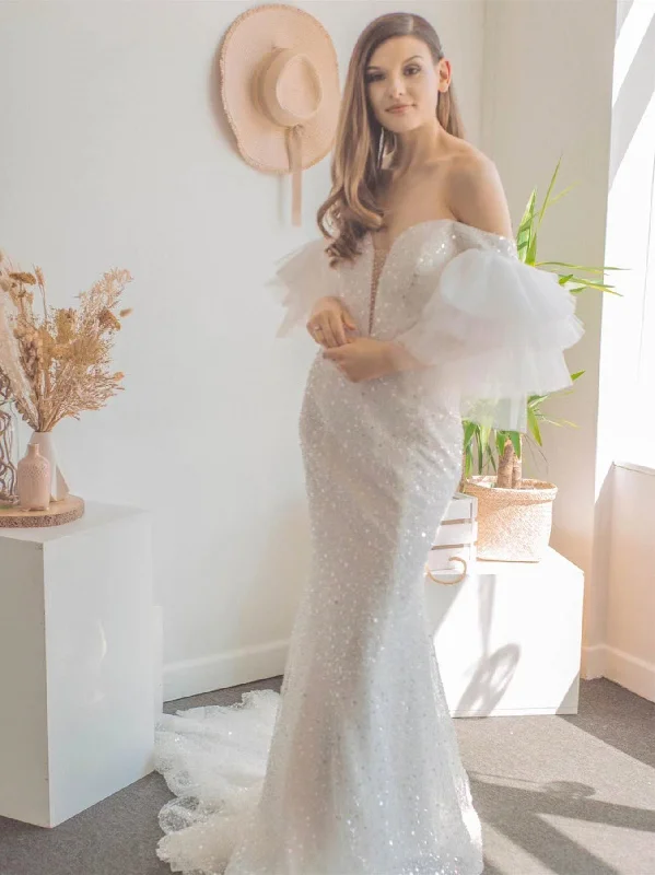 Super Price Drop Off Shoulder Long Mermaid Sequin Tulle Wedding Dresses, Bridal Gown, Long Wedding Dresses, Shiny Bridal Gown