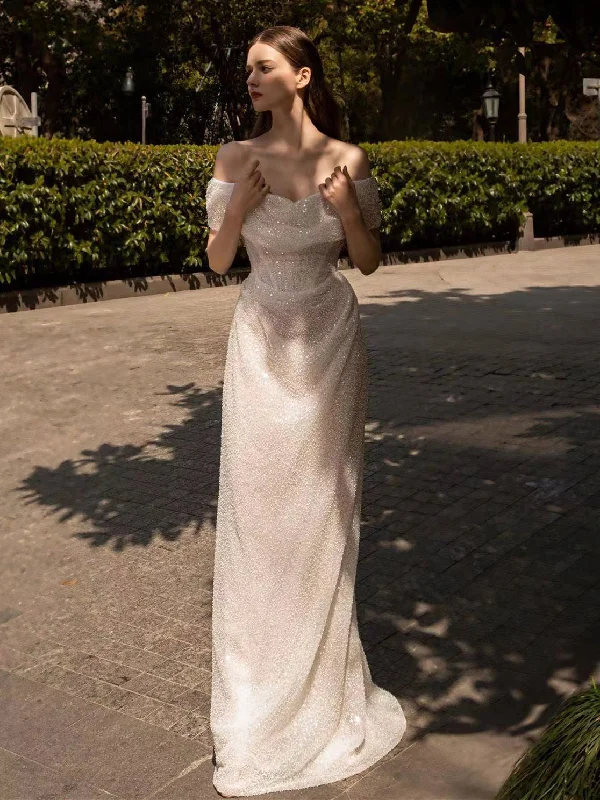 Sale of the Year Off Shoulder Long Sheath Shiny Wedding Dresses, Elegant Wedding Dresses, Bridal Gown, 2022 Wedding Dresses