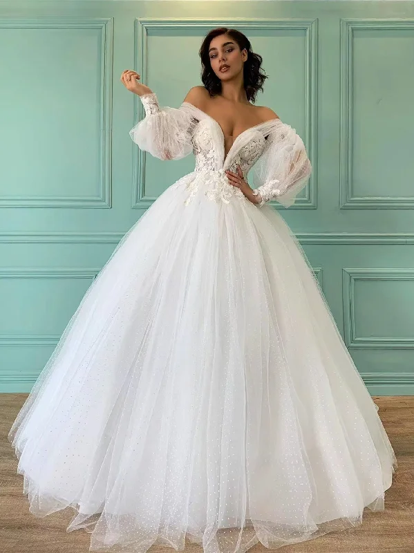 Shop & Save Big Off Shoulder Long Tulle Lace Wedding Dresses, Ball Gown Wedding Dresses, 2022 Wedding Dresses, Bridal Gown