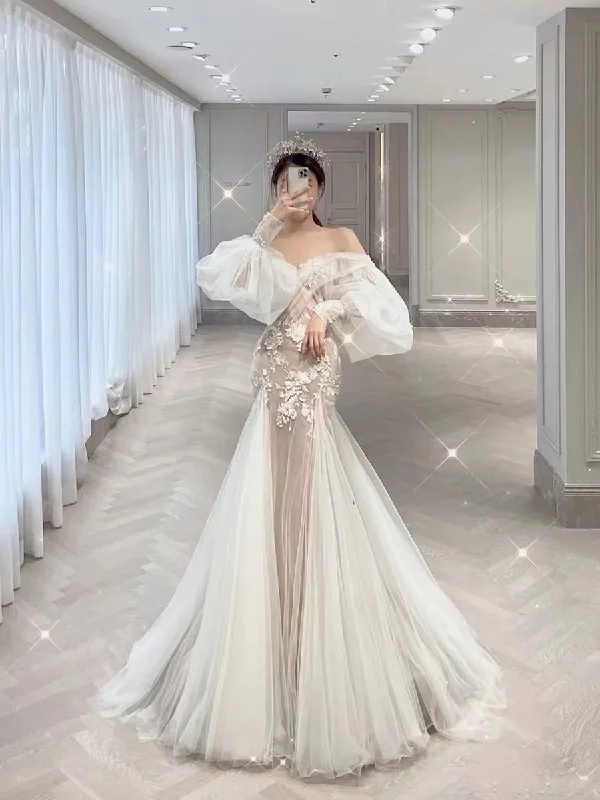 Weekend Price Slash Event Off Shoulder Mermaid Lace Tulle Wedding Dresses, Bridal Gown, Fairy Wedding Dresses, Affordable Wedding Dresses