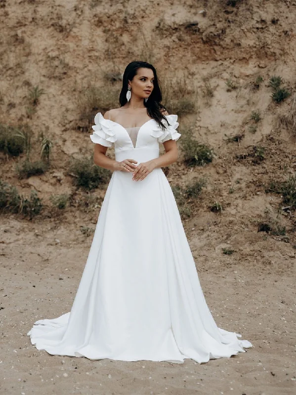 Special Price Drop Off Shoulder Ruffled Ivory Satin Wedding Dresses, A-line Wedding Dresses, Affordable Wedding Dresses Special Price Drop Off Shoulder Ruffled Ivory Satin Wedding Dresses, A-line Wedding Dresses, Affordable Wedding Dresses