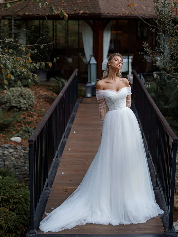 Weekend Deal Rush Off Shoulder Simple Tulle Wedding Dresses, Bridal Gown, Popular 2022 Wedding Dresses, 2 Pieces Wedding Dresses