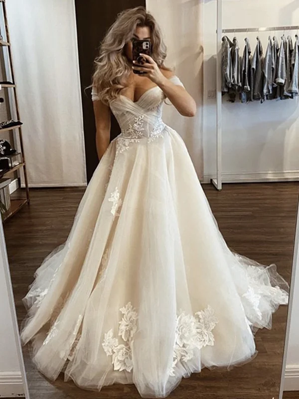 Weekend Hot Deals Off the Shoulder Champagne Wedding Dresses, Off Shoulder Champagne Floral Prom Dresses Weekend Hot Deals Off the Shoulder Champagne Wedding Dresses, Off Shoulder Champagne Floral Prom Dresses