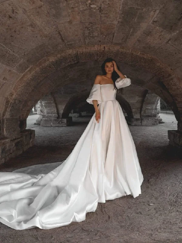 Buy More, Save More Off the Shoulder Long A-line Satin Wedding Dresses, Elegant Wedding Dresses, Long Train Wedding Dresses, Bridal Gown