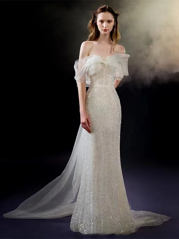 Weekend Discount Rush Off the Shoulder Long Mermaid Beaded Wedding Dresses, Elegant Long Wedding Dresses, Bridal Gown, Newest Prom Dresses