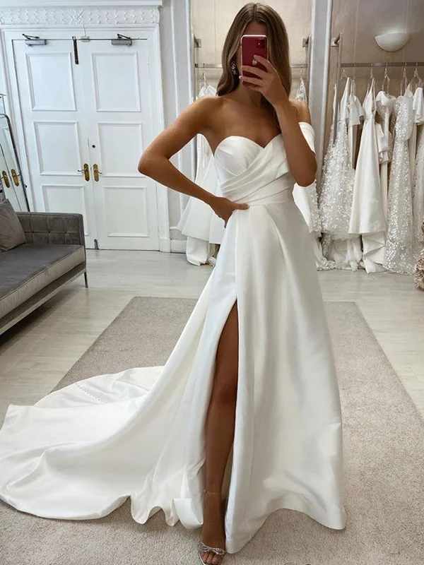 One Shoulder Ivory Satin Wedding Dresses, One Shoulder Ivory Bridal Dresses