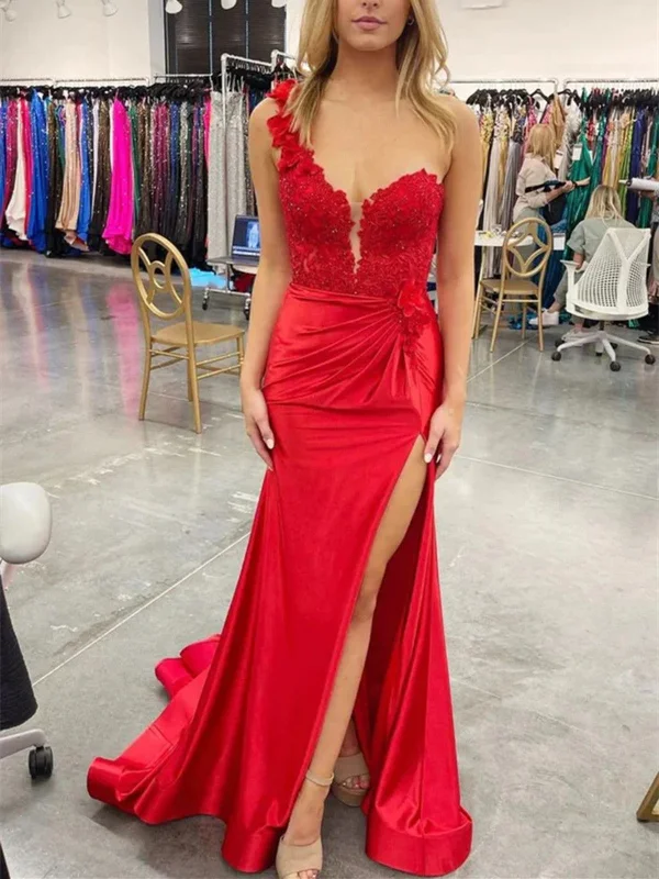 Weekend Super Sale Frenzy One Shoulder Mermaid Red Lace Floral Long Prom Dress with High Split, One Shoulder 3D Floral Lace Pleated Red Mermaid Formal Evening Dresses Weekend Super Sale Frenzy One Shoulder Mermaid Red Lace Floral Long Prom Dress with High Split, One Shoulder 3D Floral Lace Pleated Red Mermaid Formal Evening Dresses