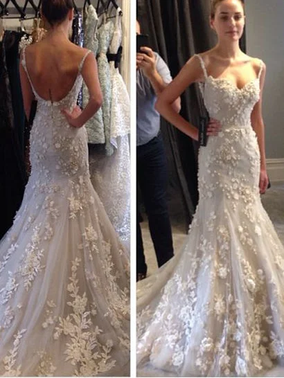 Weekend Flash Discount Open Back Wedding Dresses Spaghetti Straps Mermaid Sweep Train Floral Lace Bridal Gown JKW234