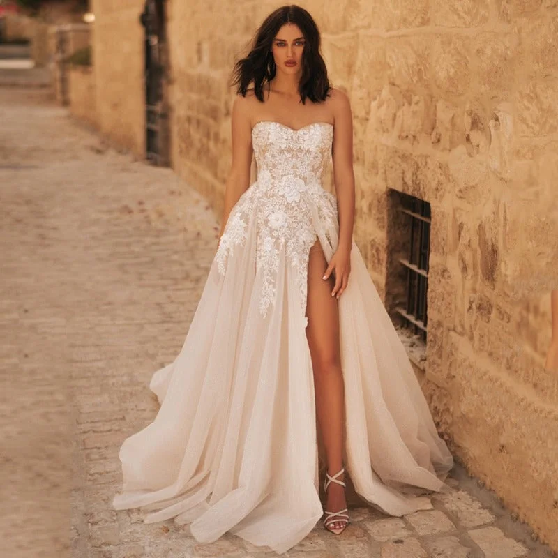 Shop & Save Pink A-Line Strapless Lace Tulle Wedding Dress WD3004