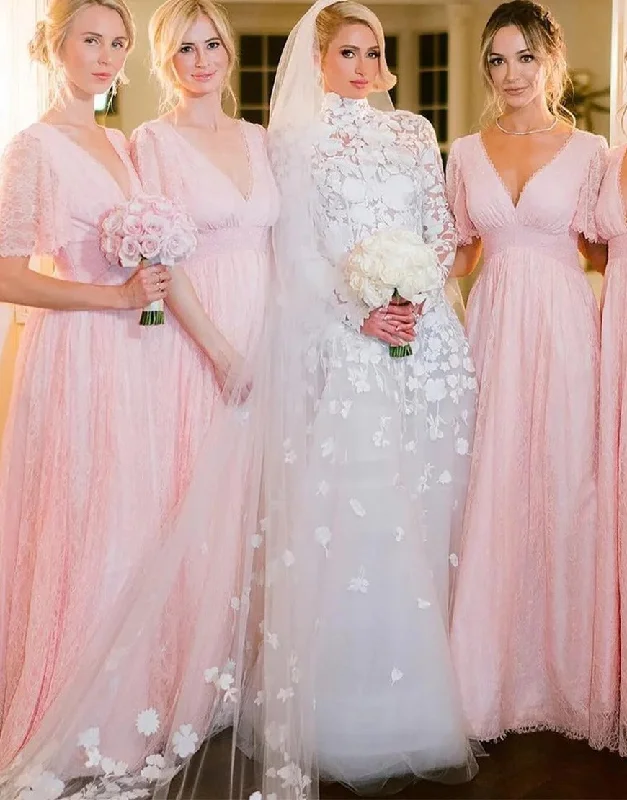 Weekend Only Sale Pink Lace Bridesmaid Dresses with Sleeves
