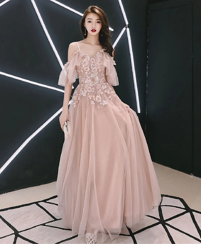 Extra Discount Pink Sweetheart Tulle Lace Applique Long Prom Dress, Evening Dress