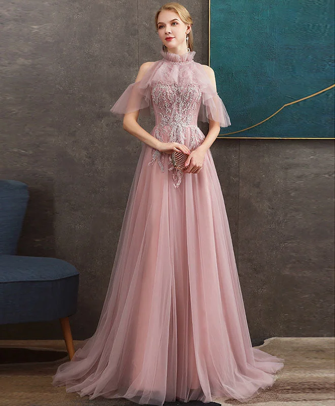 Limited Offer Pink Tulle Lace Long Prom Dress Pink Tulle Formal Graduation Dress with Beading