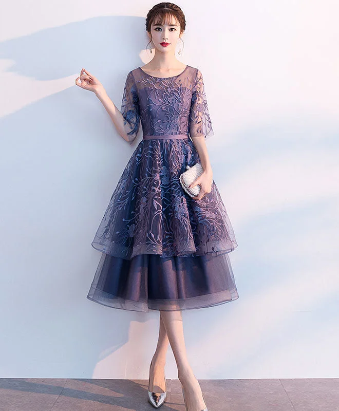 Flash Offer Purple Tulle Lace Short Prom Dresses, Scoop Neck Lace Purple Homecoming Dresses