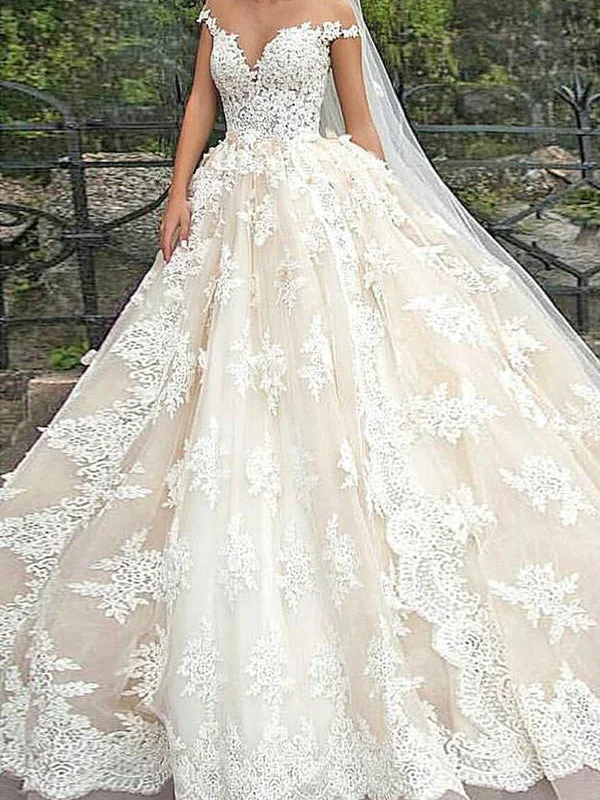 Deal Frenzy Romantic Wedding Dresses Scoop Ball Gown Sweep/Brush Train Tulle Bridal Gown JKW092