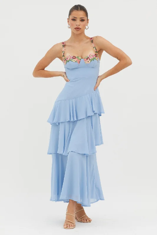 Best Price Ever Rose Garden Tiered Ruffle Floral Trim Dress Blue