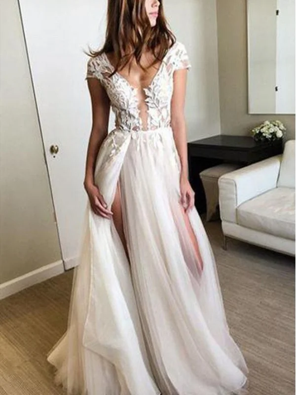 Hot Picks Round Neck Cap Sleeves Backlesss Lace Wedding Dresses, Ivory Backless Lace Prom Dresses Evening Dresses