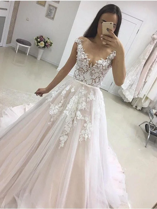 Big Savings Round Neck Cap Sleeves Lace Wedding Dresses, See Through White Lace Prom Dresses, Evening Formal Dresses