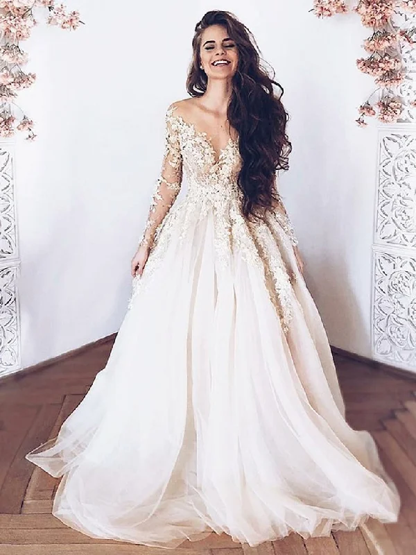 Round Neck Long Sleeves Lace Wedding Dresses, Long Sleeves Lace Prom Formal Graduation Dresses,DS1762