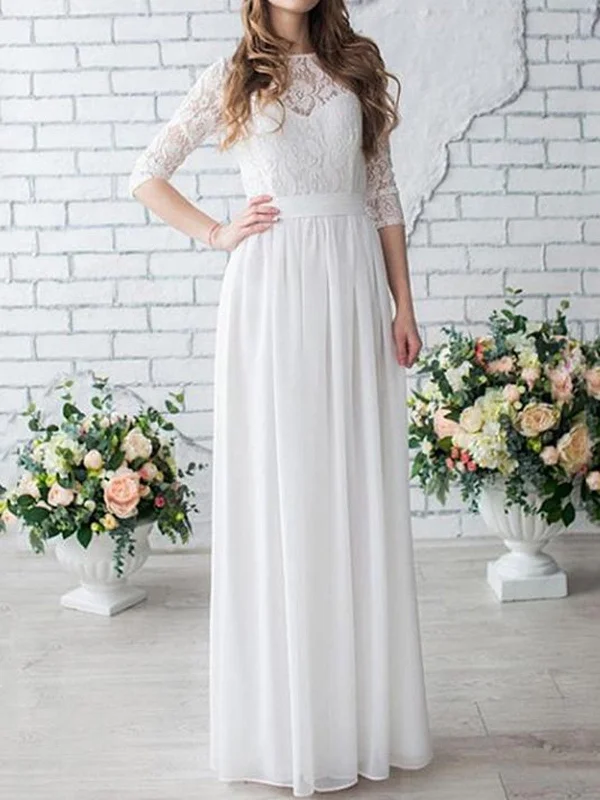 Round Neck White Lace Long Half Sleeves Chiffon Wedding Dress,Lace Half Sleeves Bridal Dress